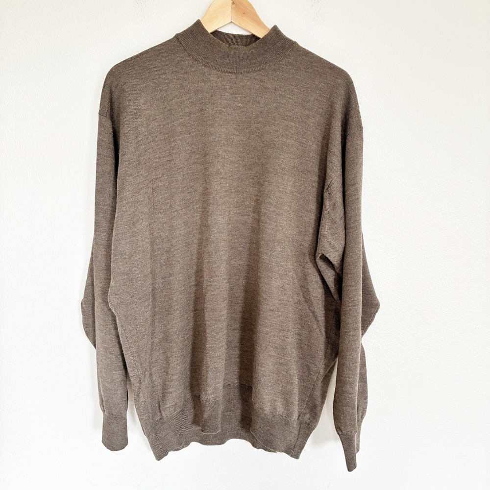 Gran Sasso Sweater Mens 52 XL Brown Wool Cashmere Silk Mock Neck Made in Italy